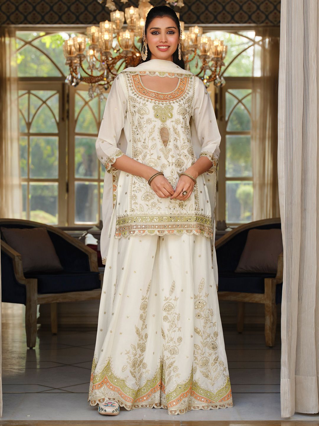 Indo Era Women Ethnic Motifs Embroidered Regular Sequinned Kurta with Sharara & With Dupatta-picture-27