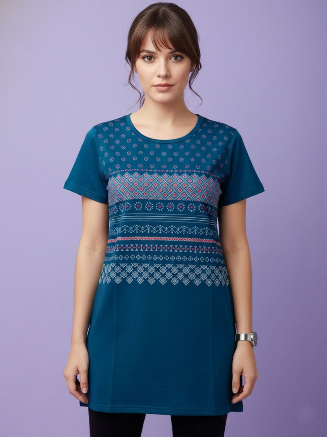 SANDPIPER Floral Printed Round Neck Pure Cotton Longline Tshirt