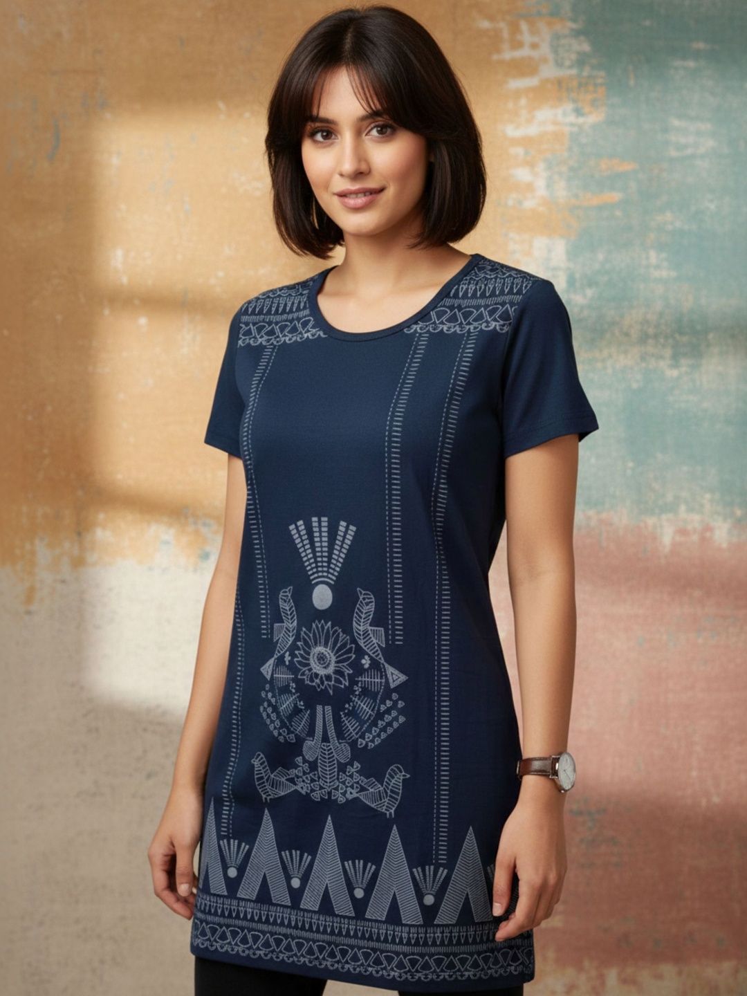 SANDPIPER Floral Printed Round Neck Longline Pure Cotton Tshirt