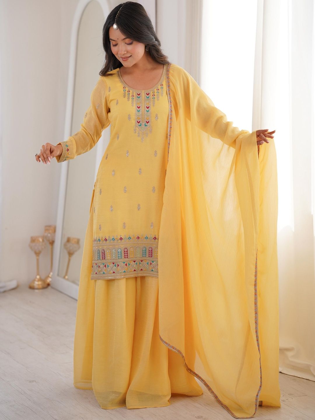 LEGEND WEAR Women Ethnic Motifs Embroidered Regular Kurta with Sharara & With Dupatta