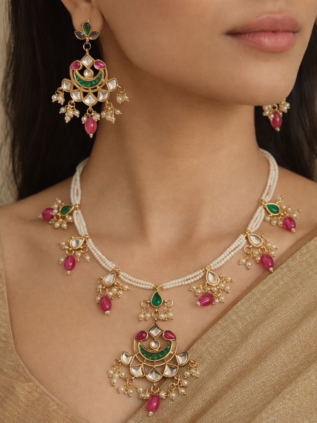 Zeviel Gold-Plated Enamelled Stone Studded & Beaded Necklace and Earrings-picture-53