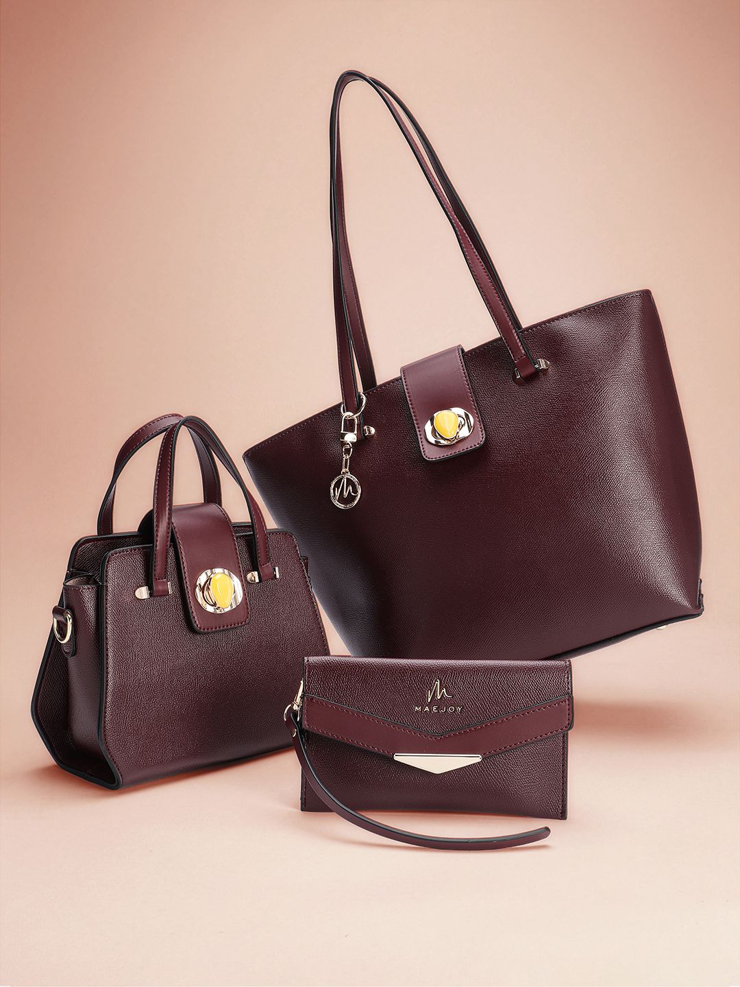 MAEJOY Women Burgundy Textured Handbag Set of Tote, Satchel and Purse-picture-12