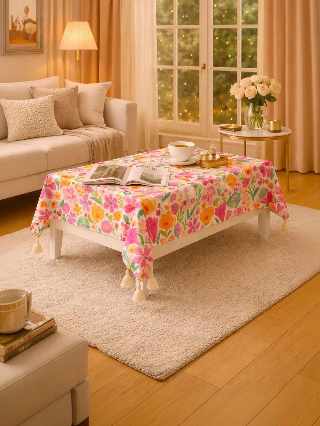 THROWPILLOW Pink Floral Anti-Slip 6-Seater Table Cover with Embellished details-picture-24