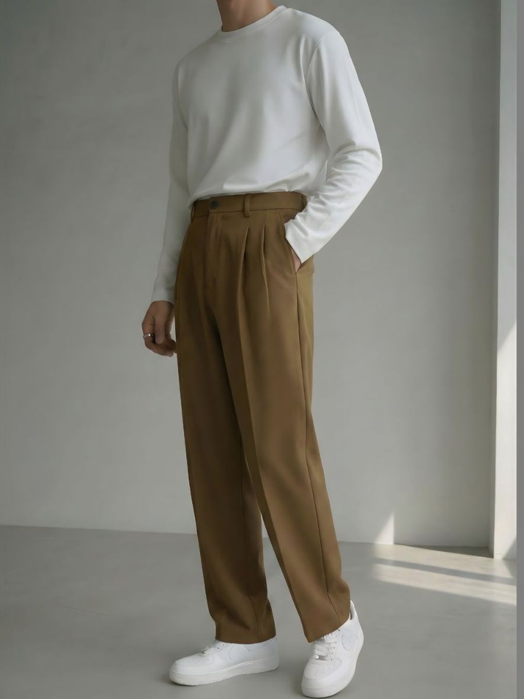INDICLUB Men Relaxed Straight Leg Loose Fit Easy Wash Pleated Trousers-image-8