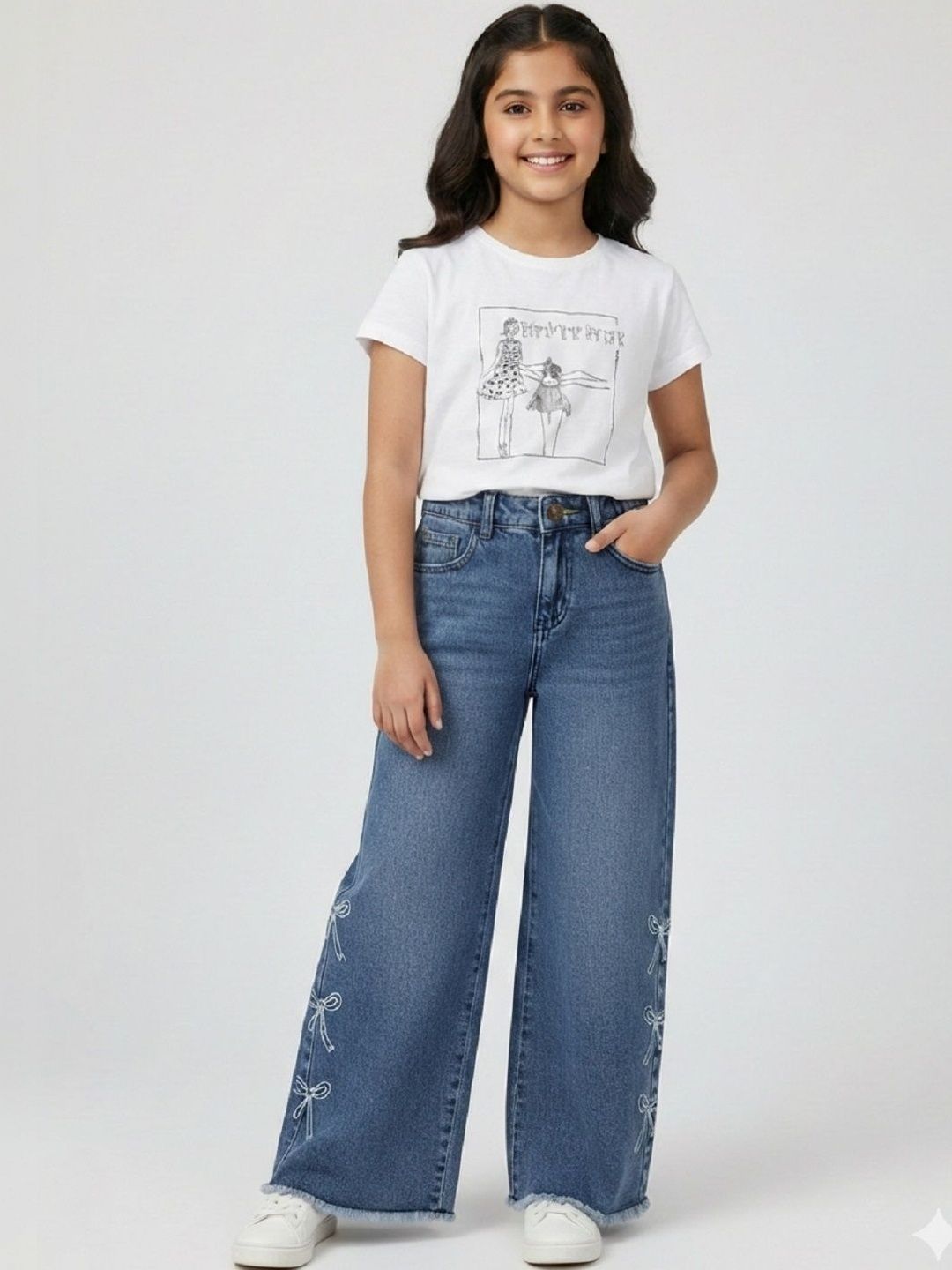 Knit N Knot Girls Wide Leg Mid-Rise Light Fade Embroidered Jeans-image-10