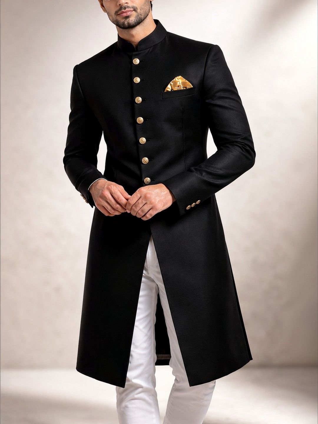 SOURAGYA Pure Cotton Mandarin Collar Sherwani