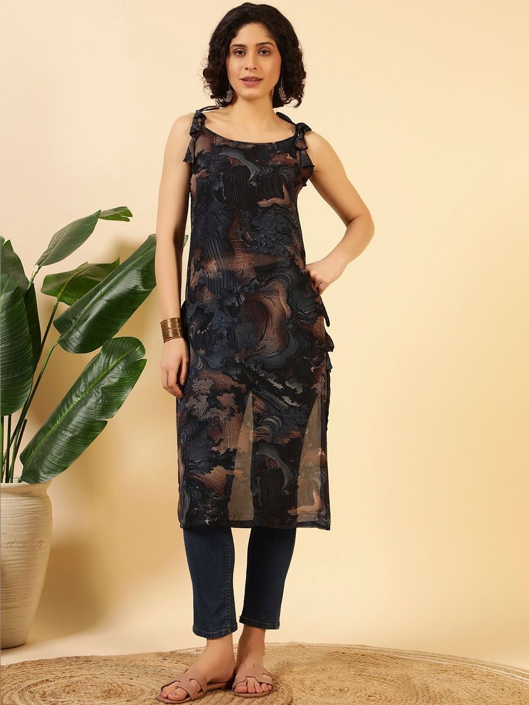 KALINI Abstract Printed Shoulder Straps Kurti-picture-49