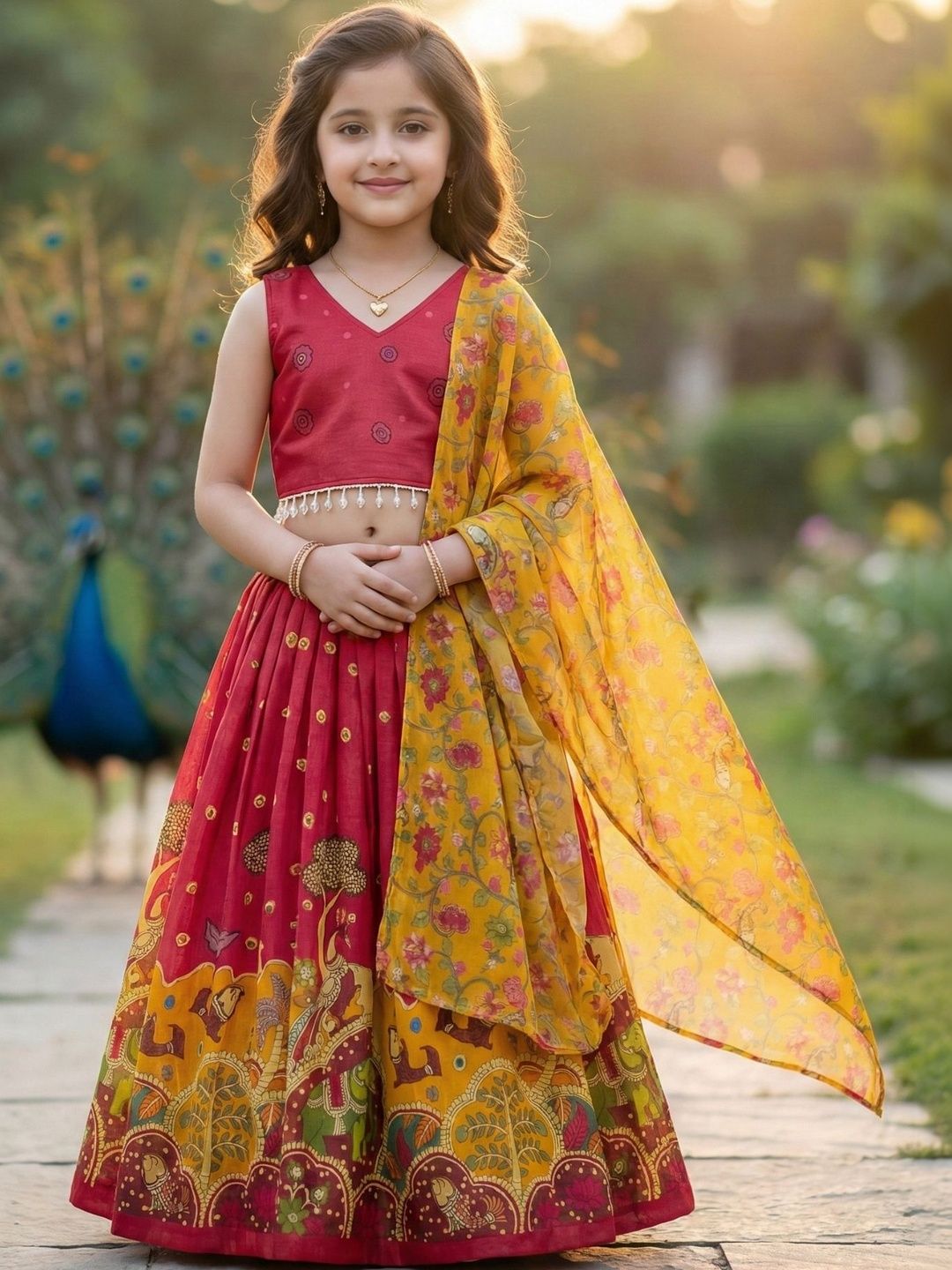 KALINI Girls Embroidered Foil Print Ready to Wear Lehenga & Blouse With Dupatta