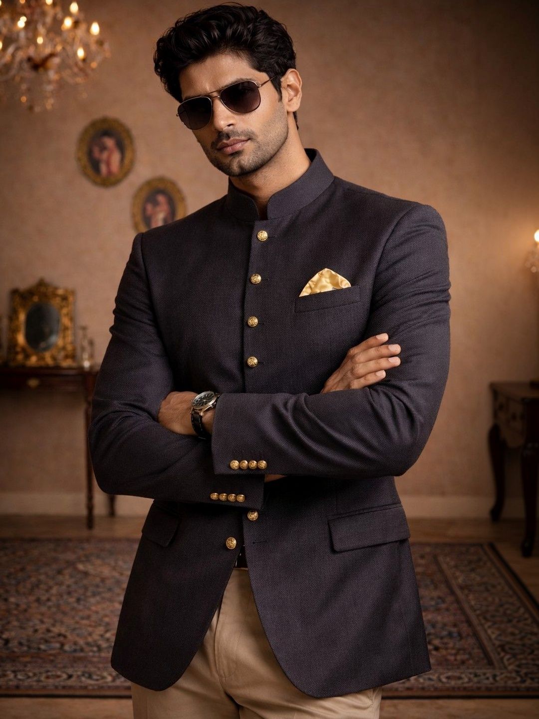 House of Pataudi Mandarin Collar Jodhpuri Tailored Fit Party Blazers-picture-53