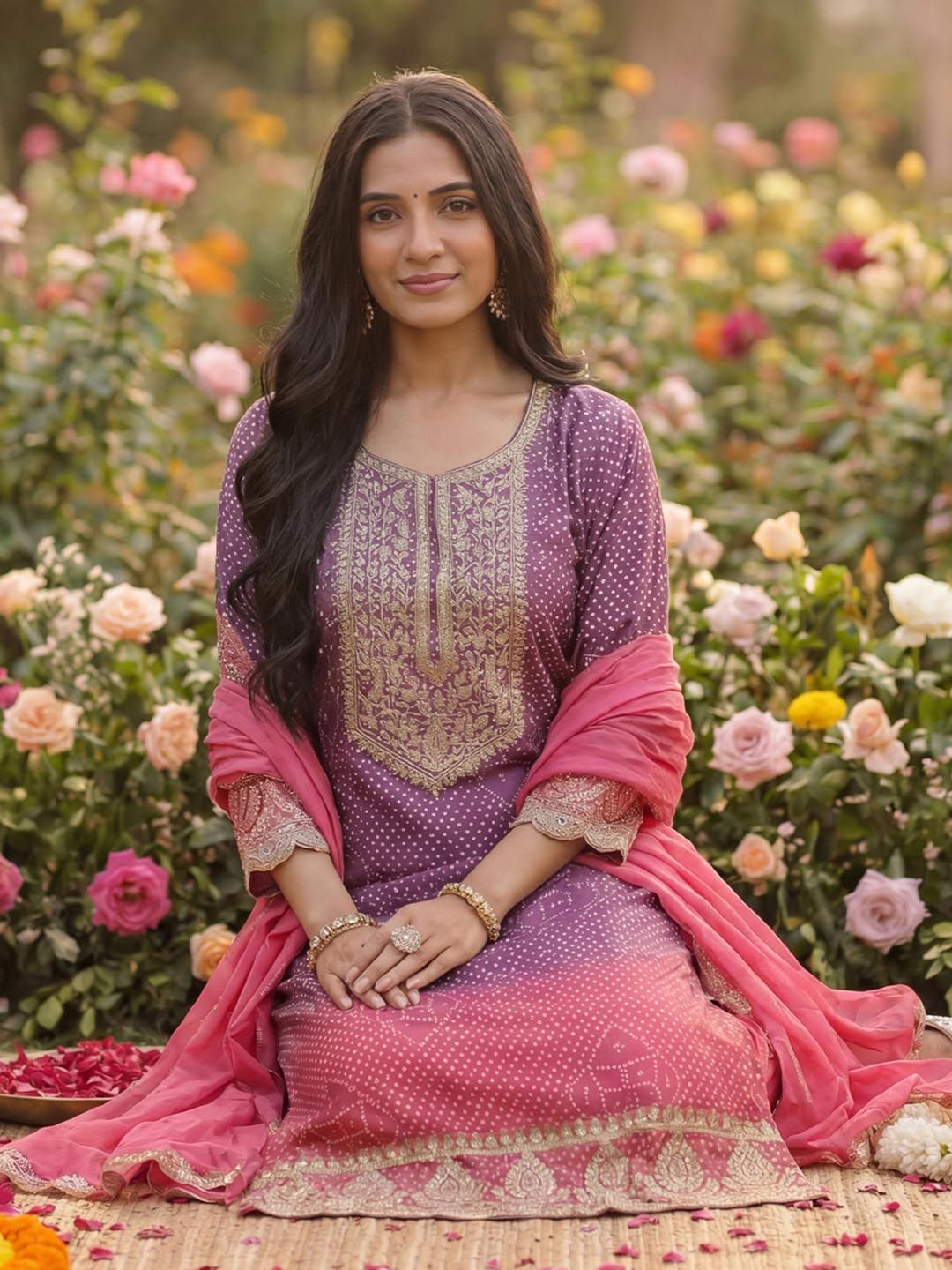 Indo Era Women Leheriya Dyed Regular Sequinned Kurta with Trousers & With Dupatta-picture-15