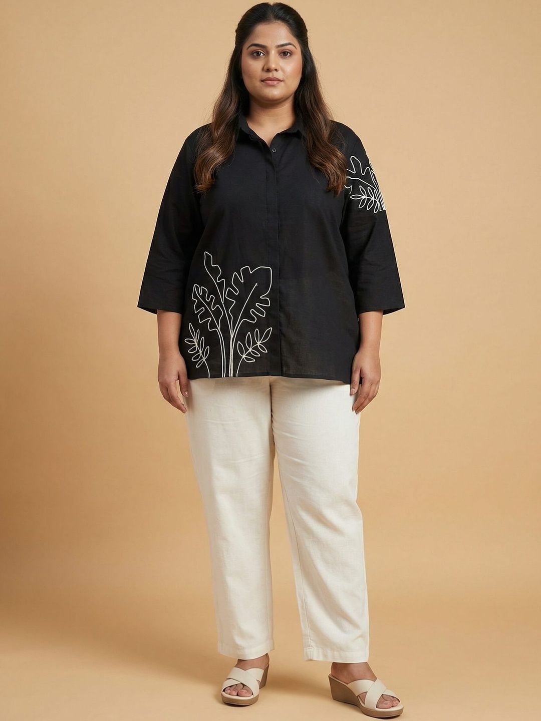 Curvy Lane Floral Embroidered Shirt Collar Pure Cotton Top-picture-53