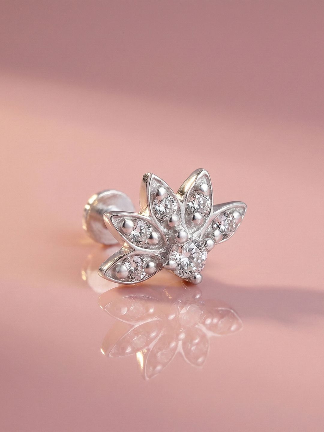 MAEJOY Half floral Lab grown diamond 92.5 Sterling Silver 18KT Rhodium plated nose pin-picture-7