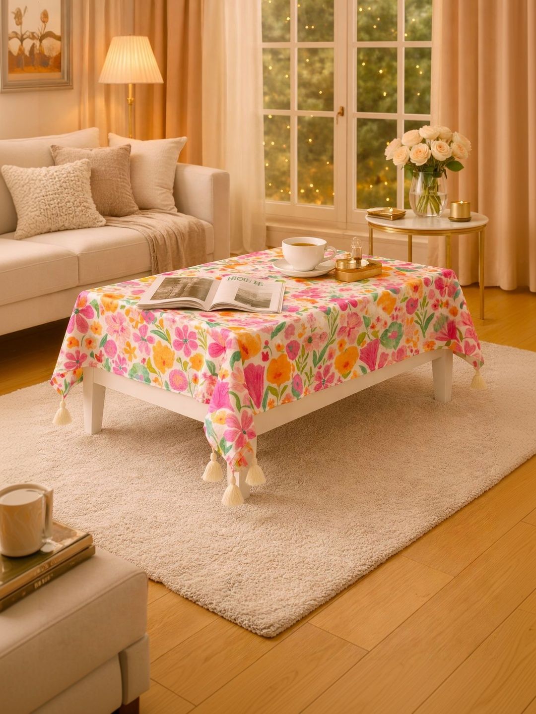 THROWPILLOW Pink Floral Anti-Slip 8-Seater Table Cover with Embellished details-picture-16