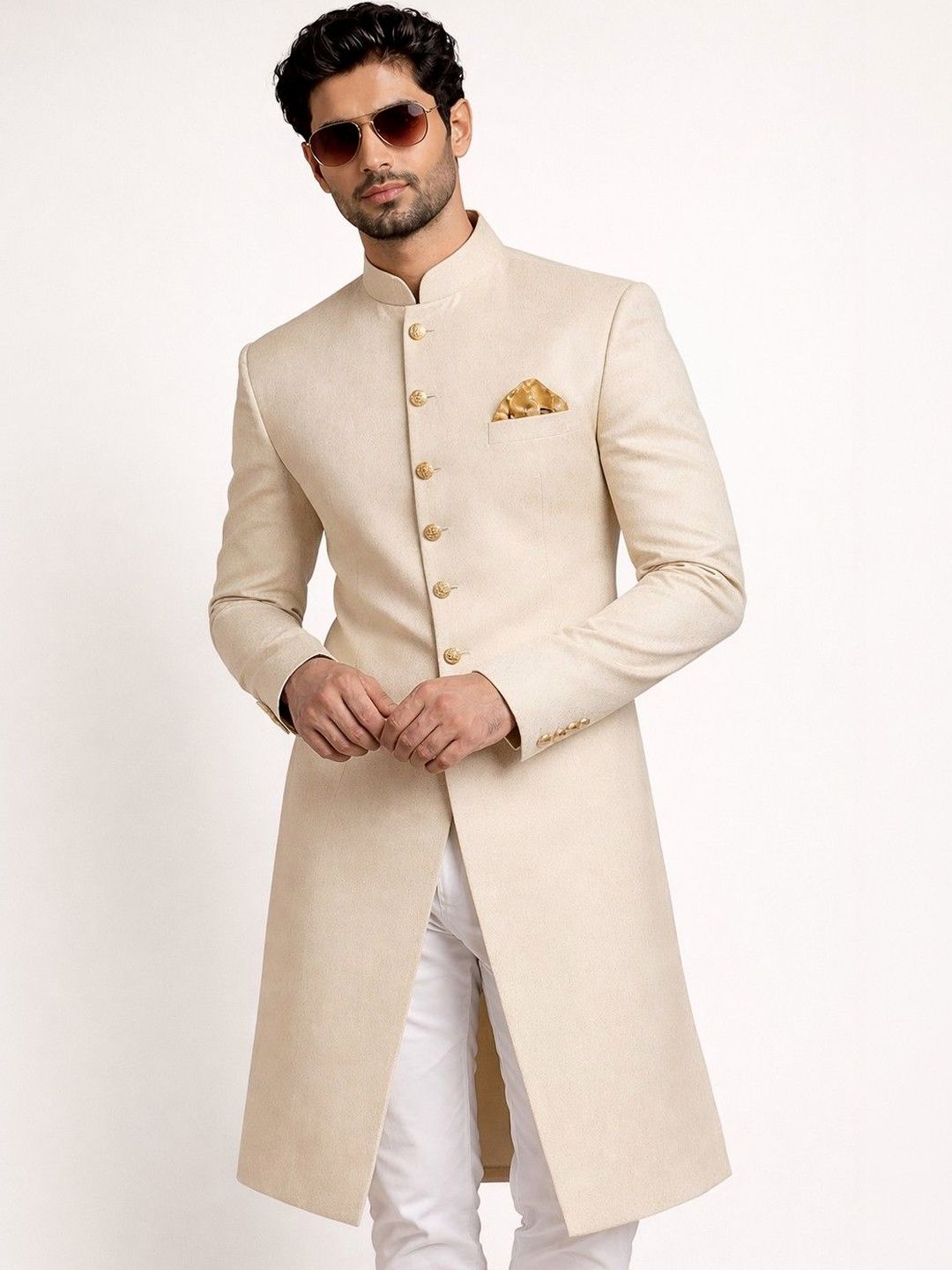 SOURAGYA Pure Cotton Mandarin Collar Sherwani