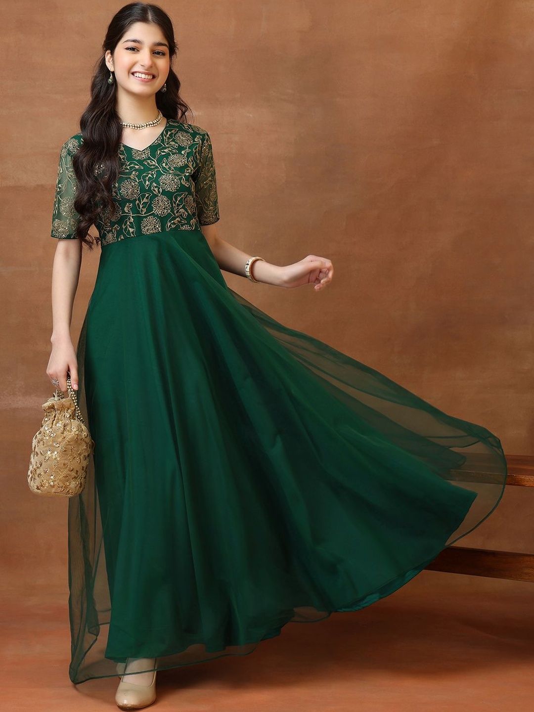 Inddus Girls Embroidered V-Neck A-Line Ethnic Dresses-image-43