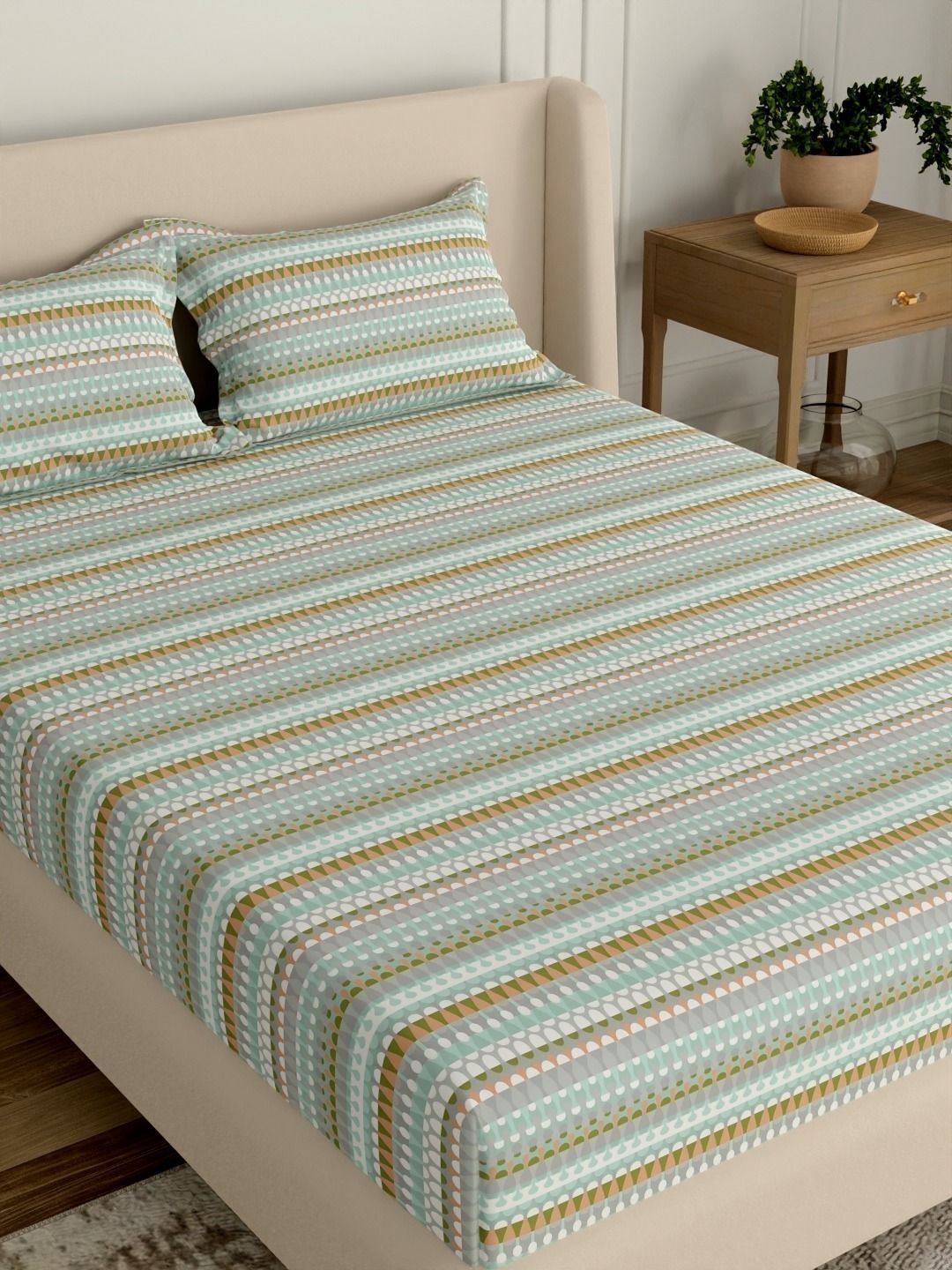 Portico Sea Green Geometric 144 TC Bedsheet with 2 Pillow Covers-image-10