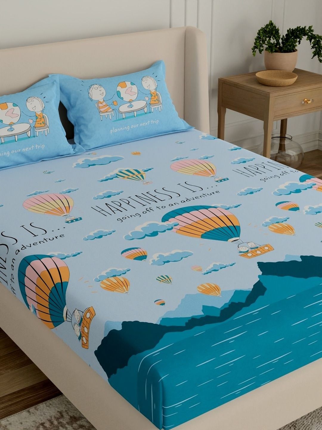 Portico Blue Conversational 144 TC Bedsheet with 2 Pillow Covers-picture-15
