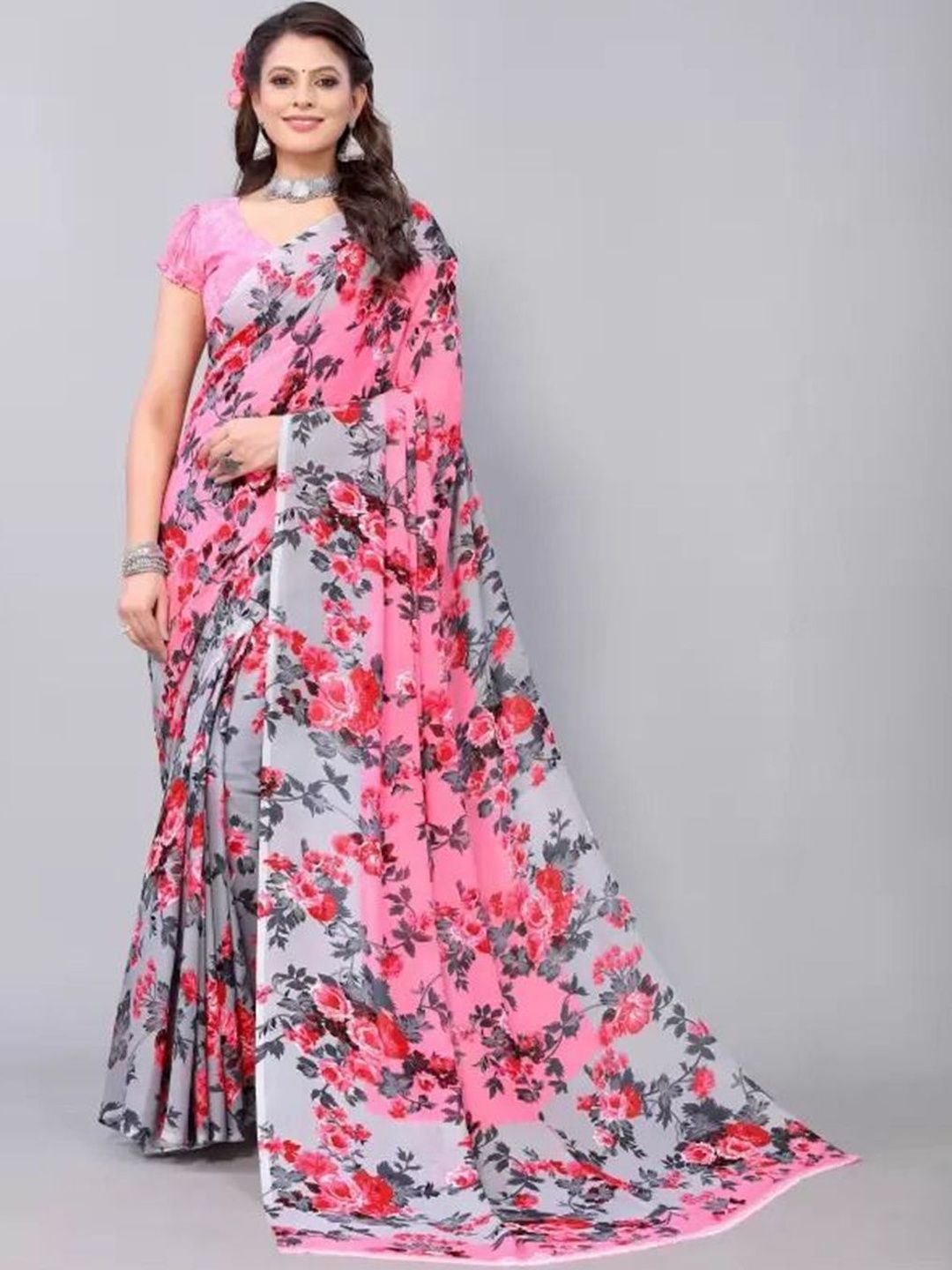Varutex Floral Poly Georgette Half and Half Saree-picture-2