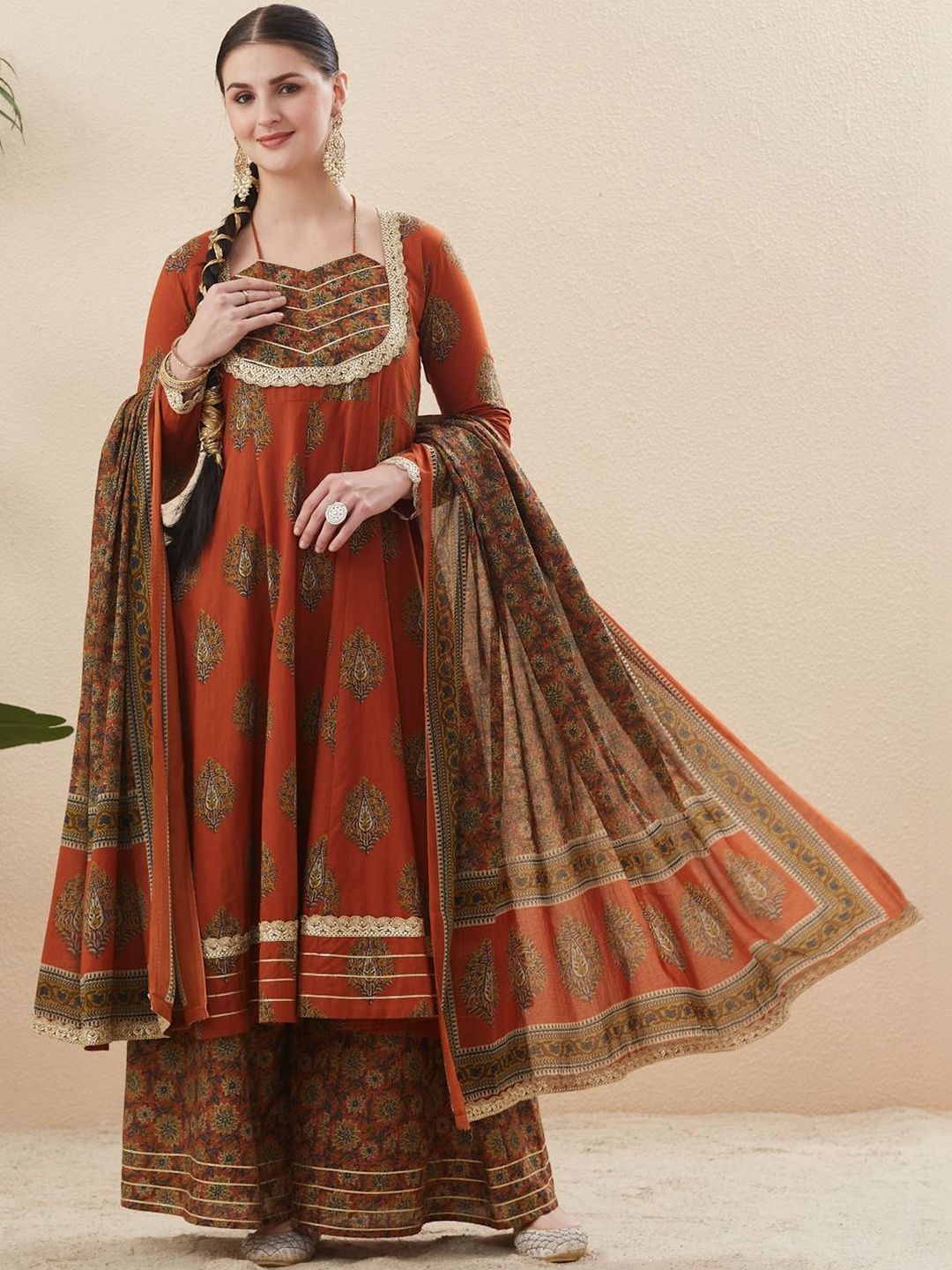MOKOSH Women Rust Printed Cotton Anarkali Kurta & Sharara Set with Dupatta-picture-50