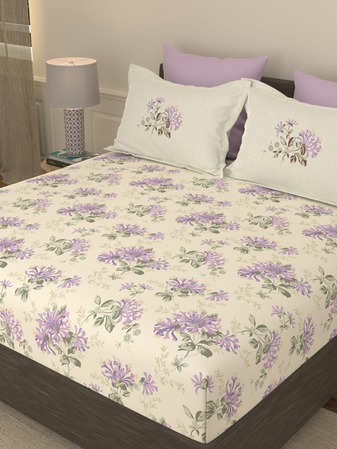 Portico Purple & Beige Floral 144 TC Bedsheet with 2 Pillow Covers-picture-8