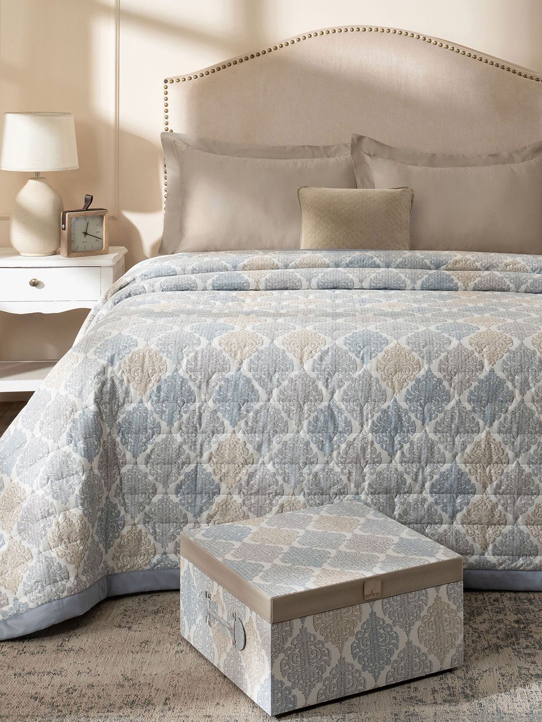 MASPAR Blue & Beige Ethnic Motifs Cotton 6 Piece Double King Superfine Bedding Set-image-46
