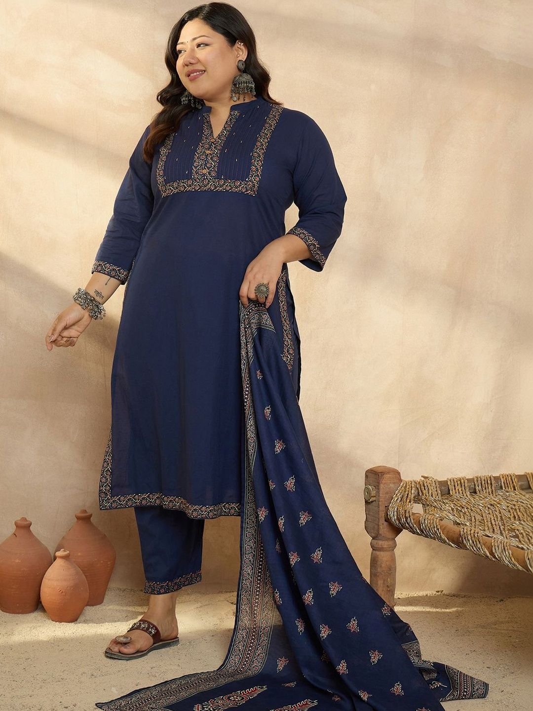 Indo Era Plus Size Blue Printed Straight Kurta Trousers With Dupatta Set-image-46
