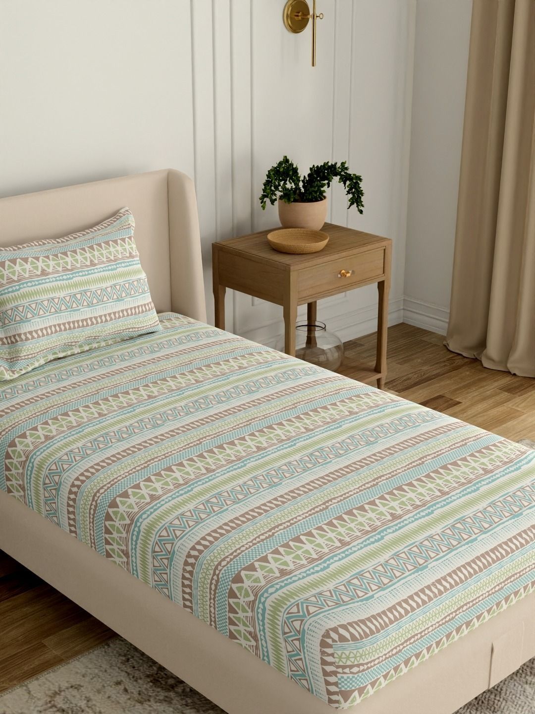 Portico Multicoloured Ethnic Motifs 144 TC Single Bedsheet with 1 Pillow Covers-picture-30