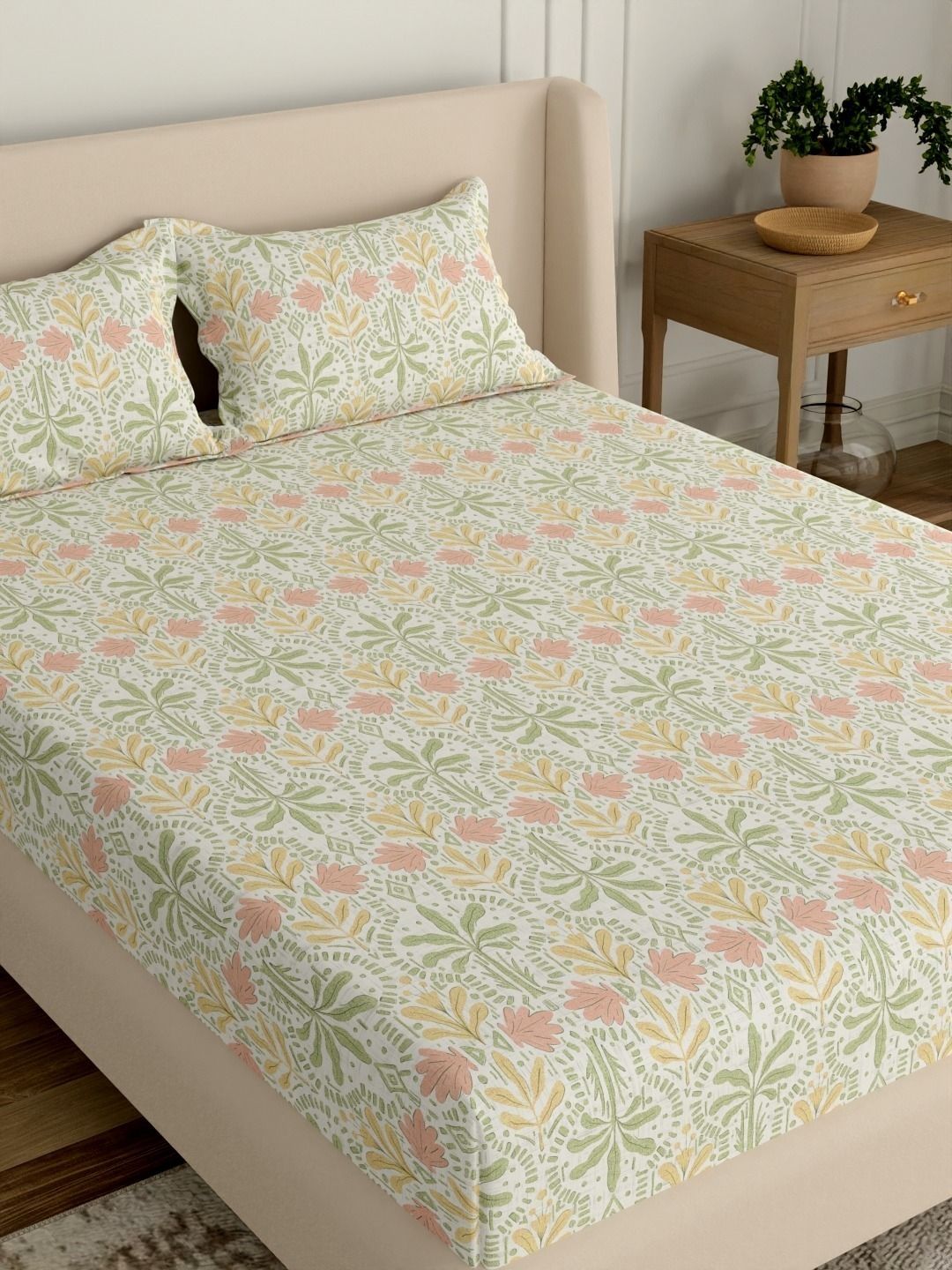 Portico 144 TC Green & Yellow Floral Bedsheet with 2 Pillow Covers-picture-41
