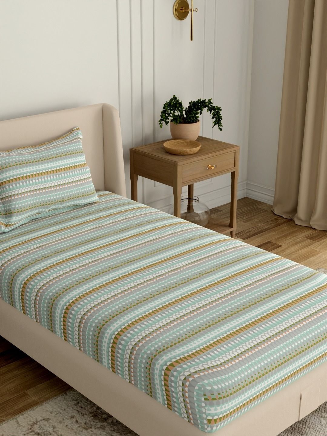 Portico Sea Green Geometric 144 TC Single Bedsheet with 1 Pillow Covers-picture-46