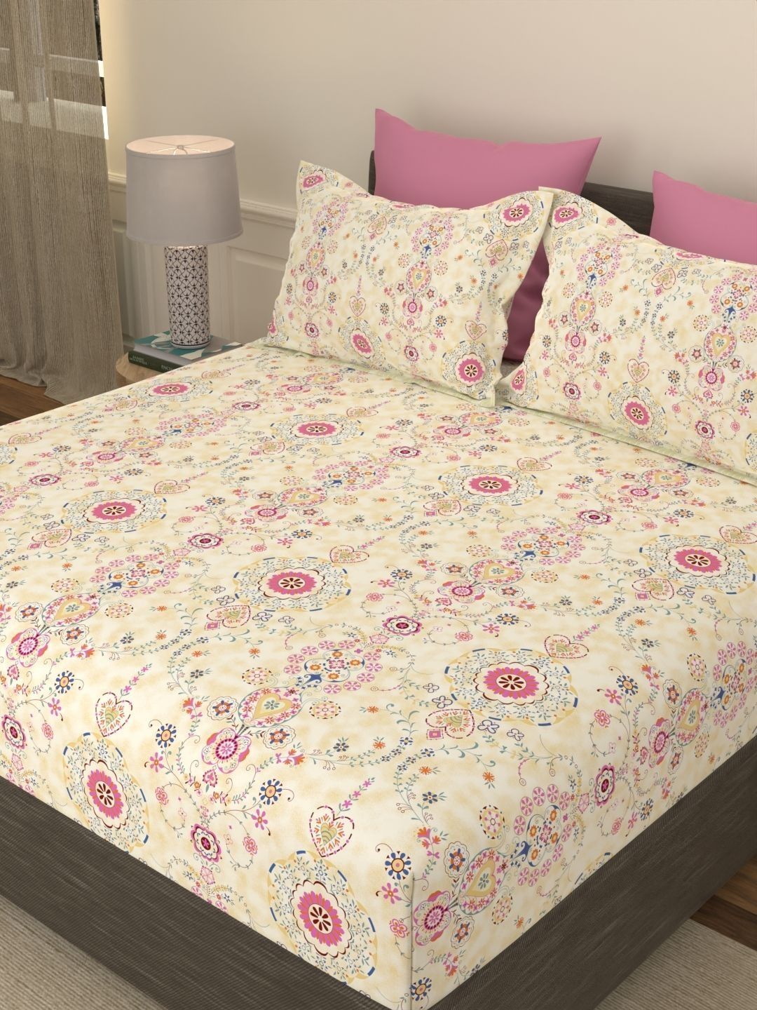 Portico Royale 20 TC Pure Cotton Magenta Floral Super King Bedsheet & 2 Pillow Covers-image-25