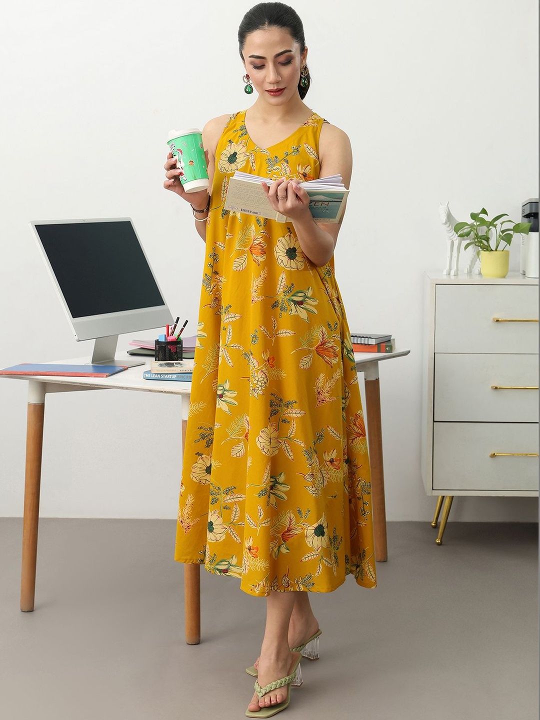 Gerua By Libas Women Mustard Floral Printed Cotton A-Line Sleeveless One Piece Dress-picture-20