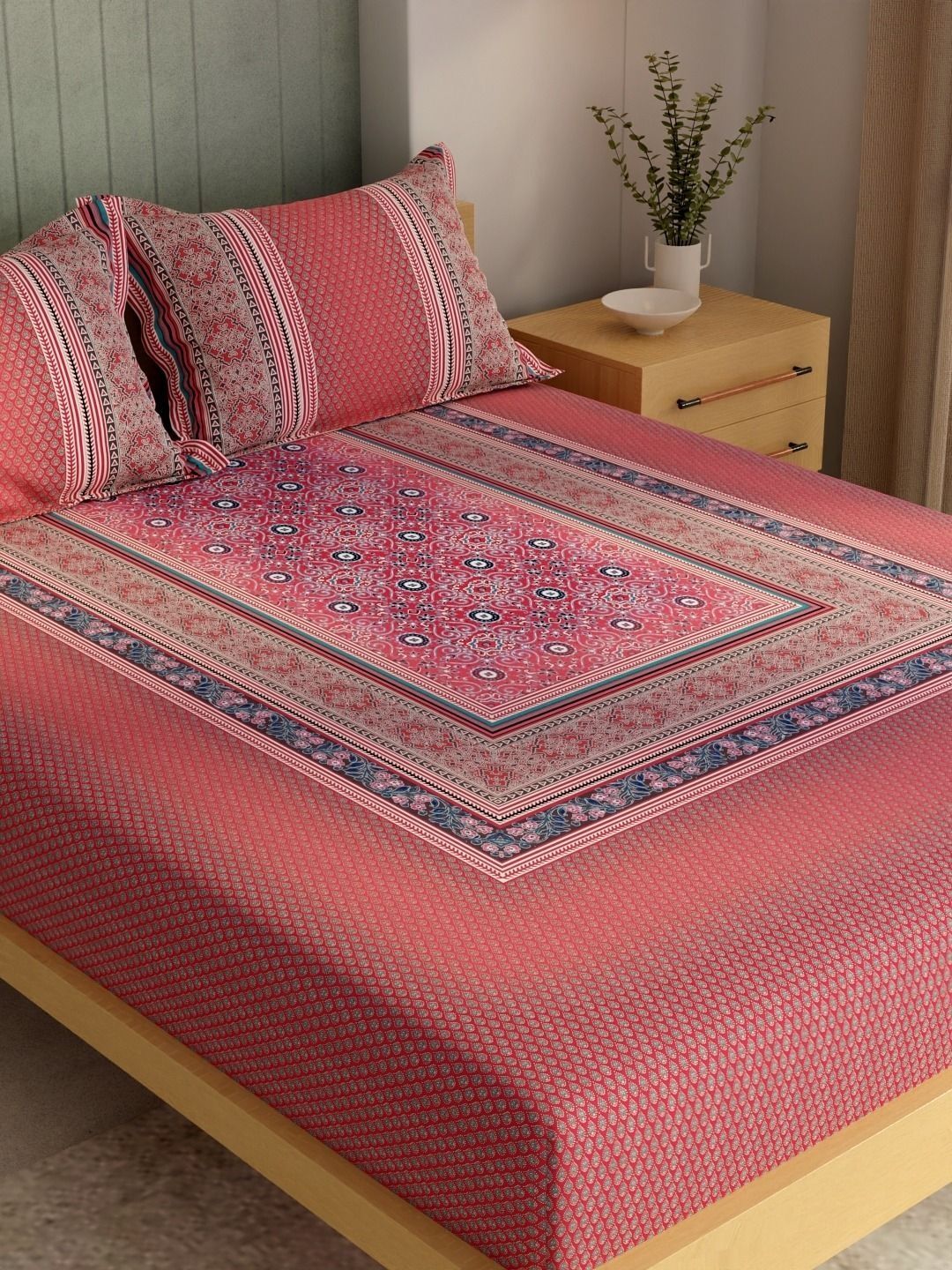 Portico Coral Ethnic Motifs 144 TC Bedsheet with 2 Pillow Covers-image-39