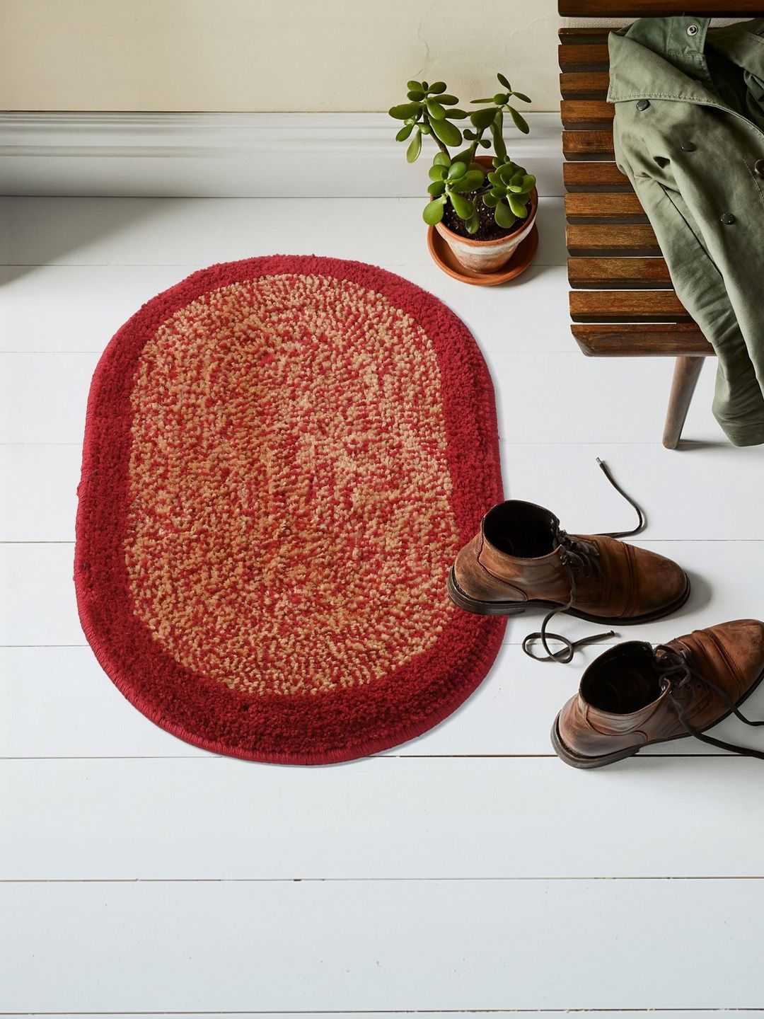 FINE TEX WORLD Beige & Red Textured Super Soft Anti-Skid Oval Doormat-picture-30