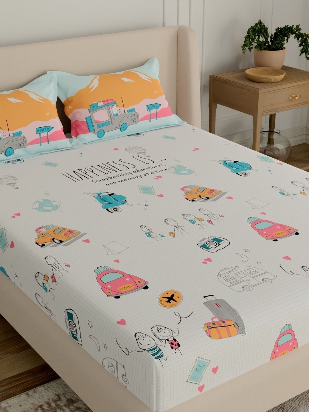 Portico Multicoloured Conversational 144 TC Bedsheet with 2 Pillow Covers-image-12