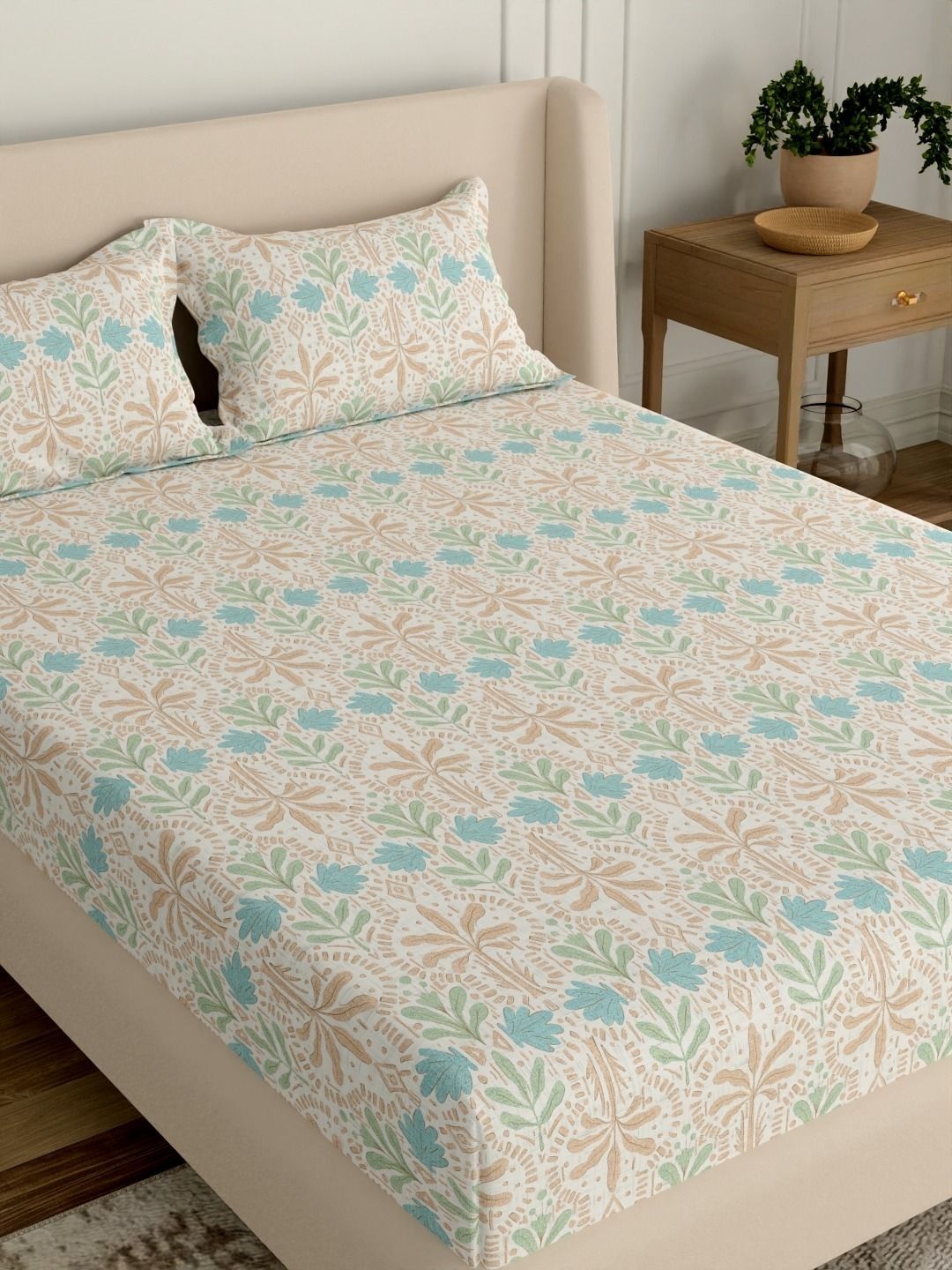 Portico Teal Floral 144 TC Bedsheet with 2 Pillow Covers-picture-31