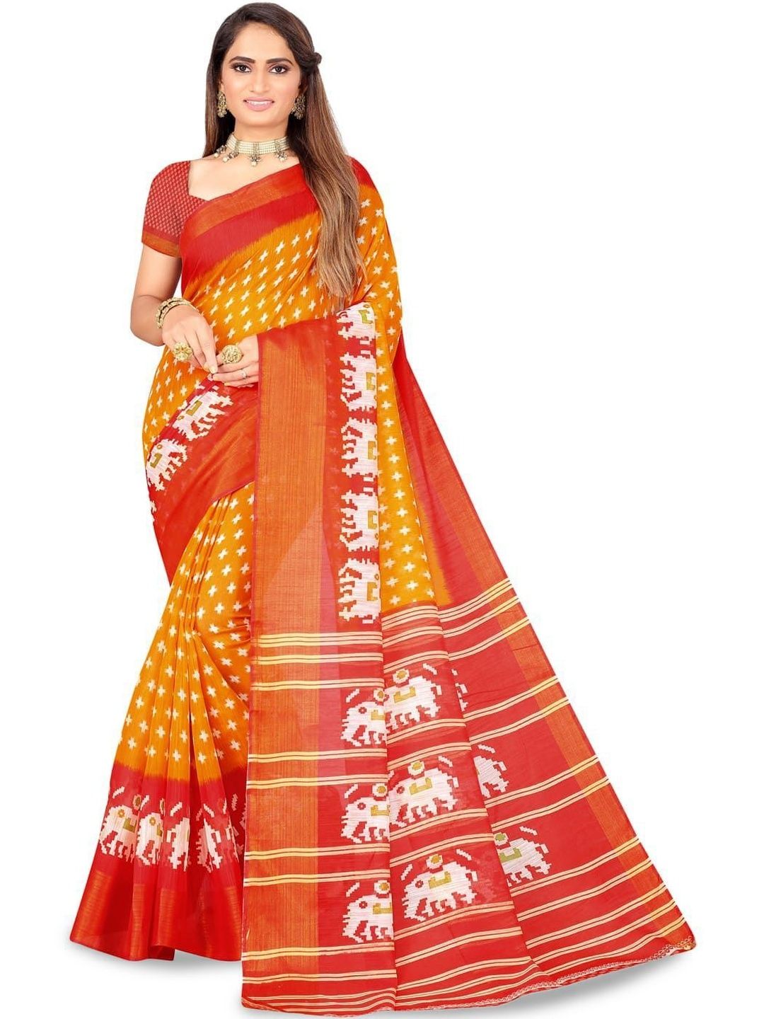 Varutex Ethnic Motifs Silk Cotton Handloom Ikat Saree-picture-26