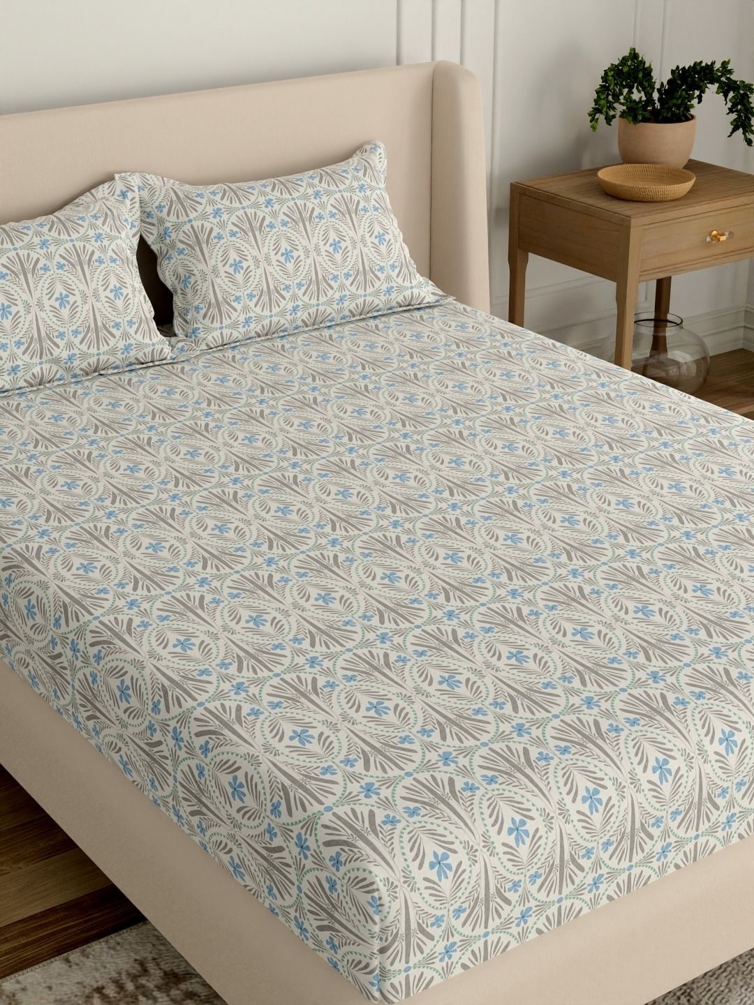 Portico 144 TC Blue Floral Bedsheet with 2 Pillow Covers-picture-42