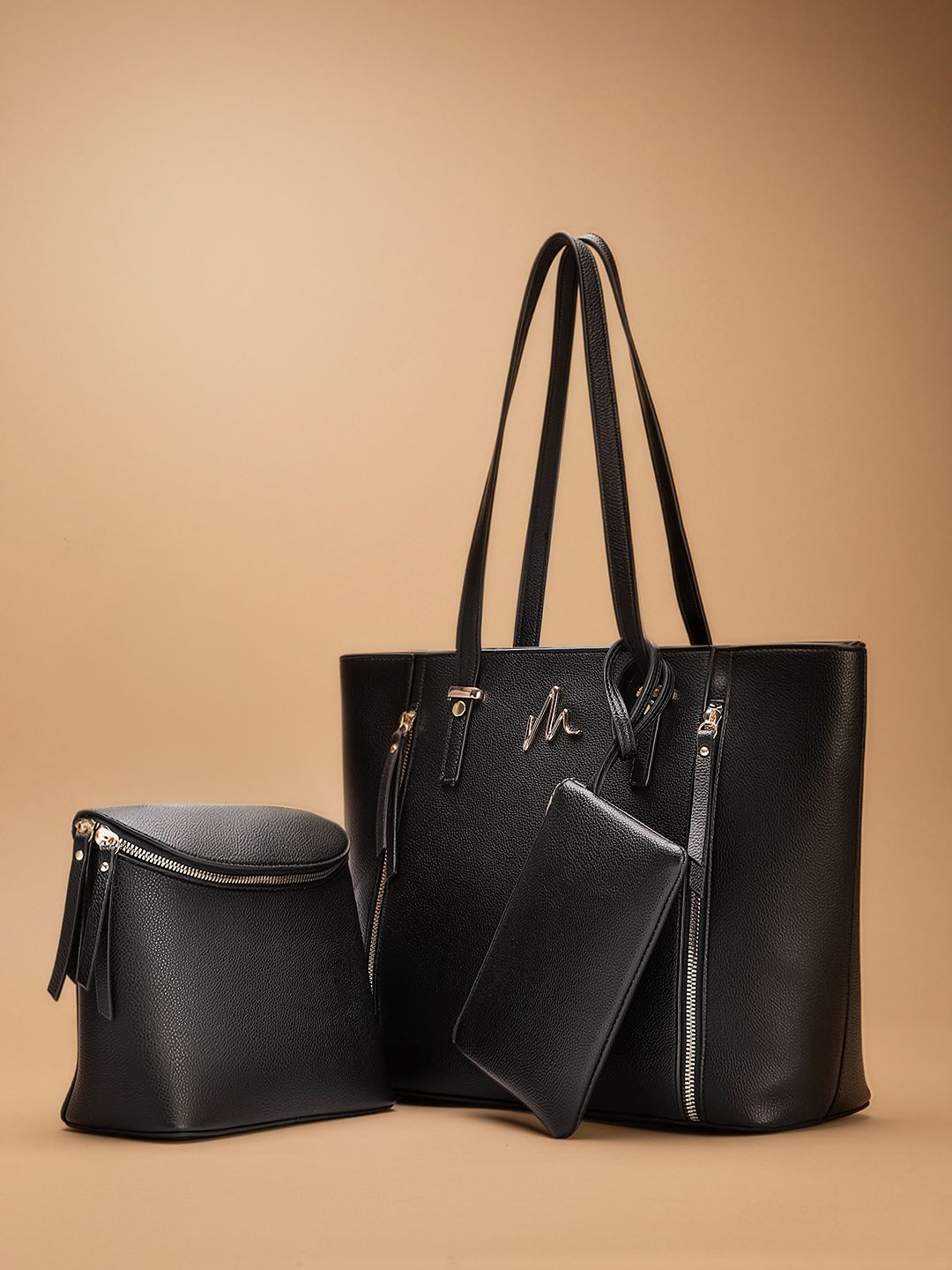 MAEJOY Women Black Textured Set of 3 - Tote, Sling and Pouch-picture-56