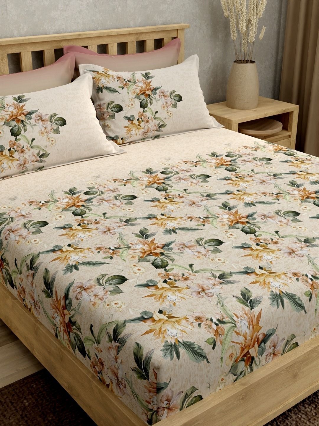 Portico Olive Green & Brown Floral 300 TC Bedsheet with 4 Pillow Covers-image-18