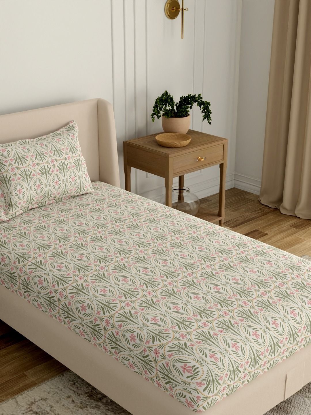 Portico Pink & Green Floral 144 TC Single Bedsheet with 1 Pillow Covers-picture-40