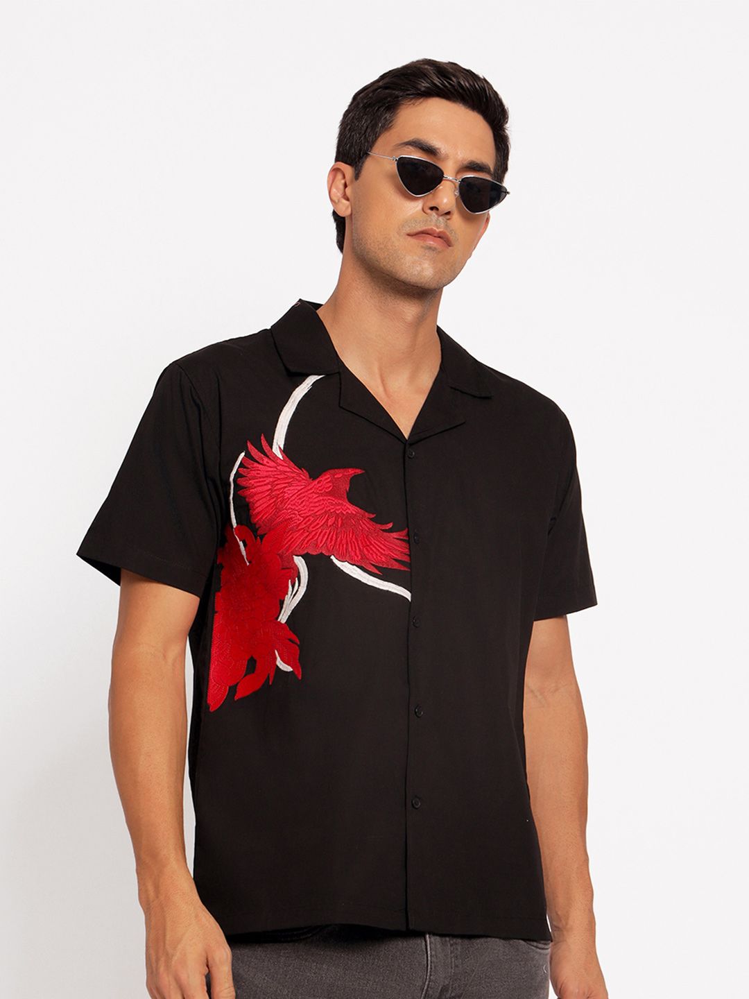 MyDesignation Raven Embroidered Short Sleeves Relaxed Fit Cotton Shirt