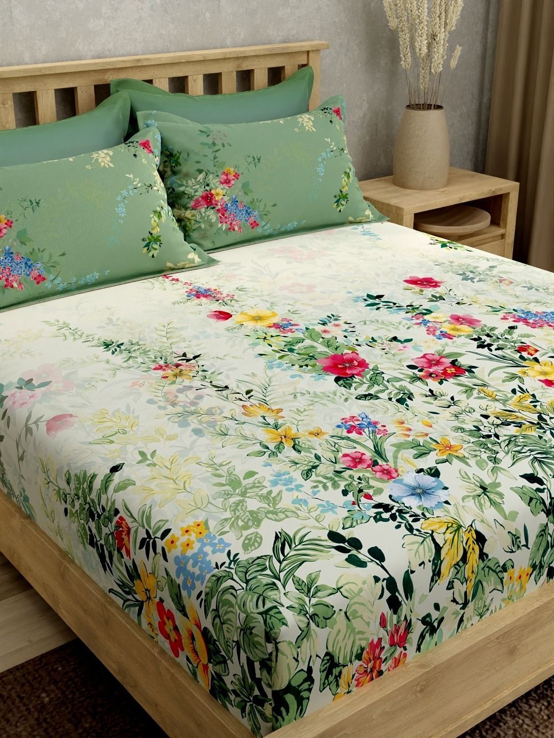 Portico Grey & Green Floral Bedsheet with 4 Pillow Covers-image-11