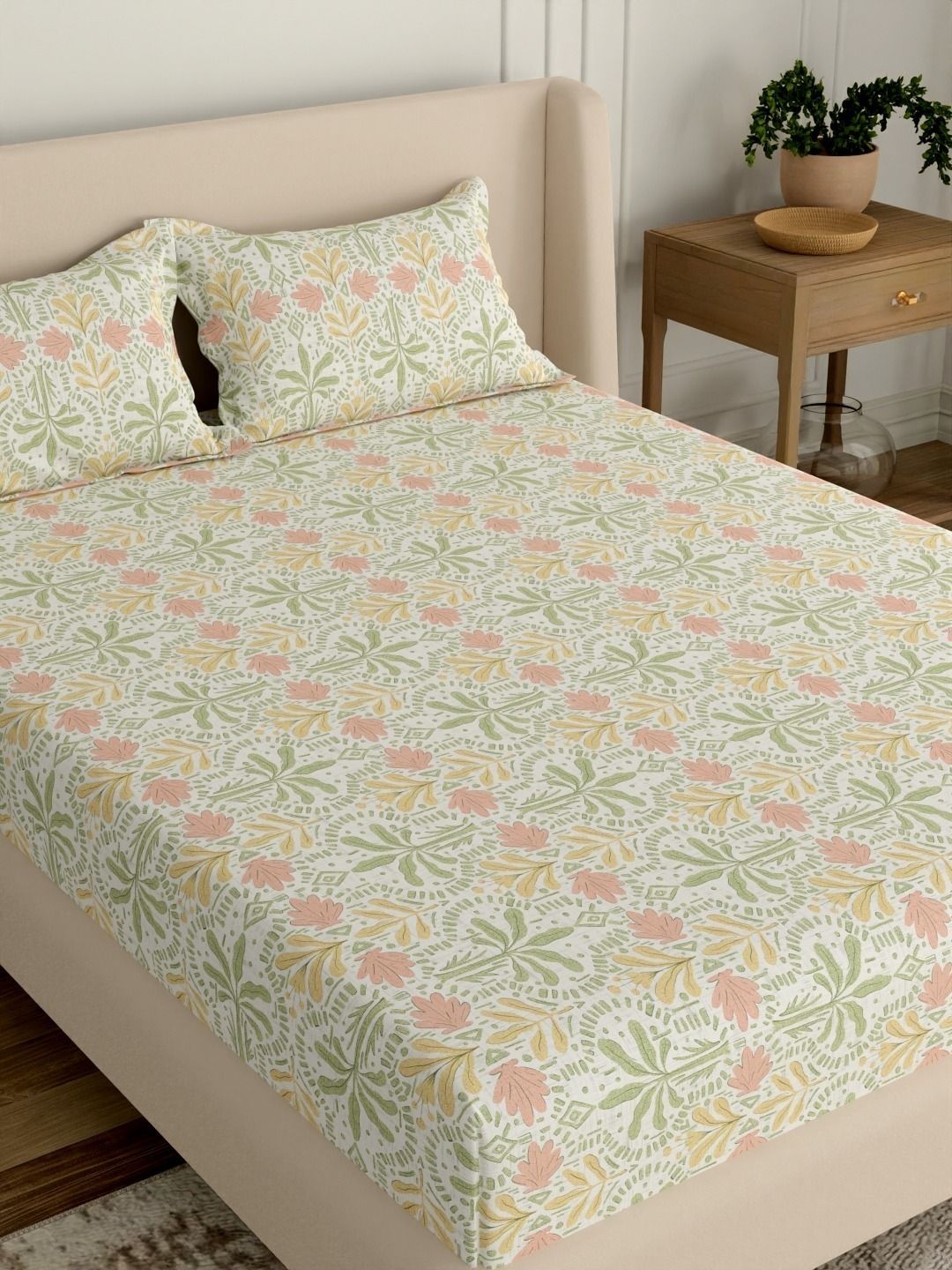 Portico Green & Yellow Floral 144 TC Bedsheet with 2 Pillow Covers-picture-43