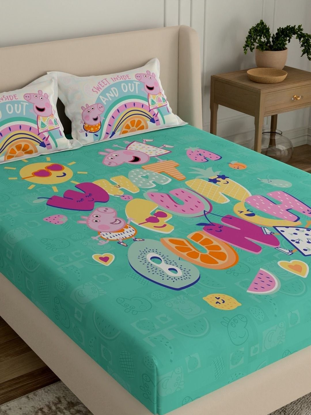 Portico Bedtime Stories 44 TC Pure Cotton Green Super King Bedsheet & 2 Pillow Covers-image-38