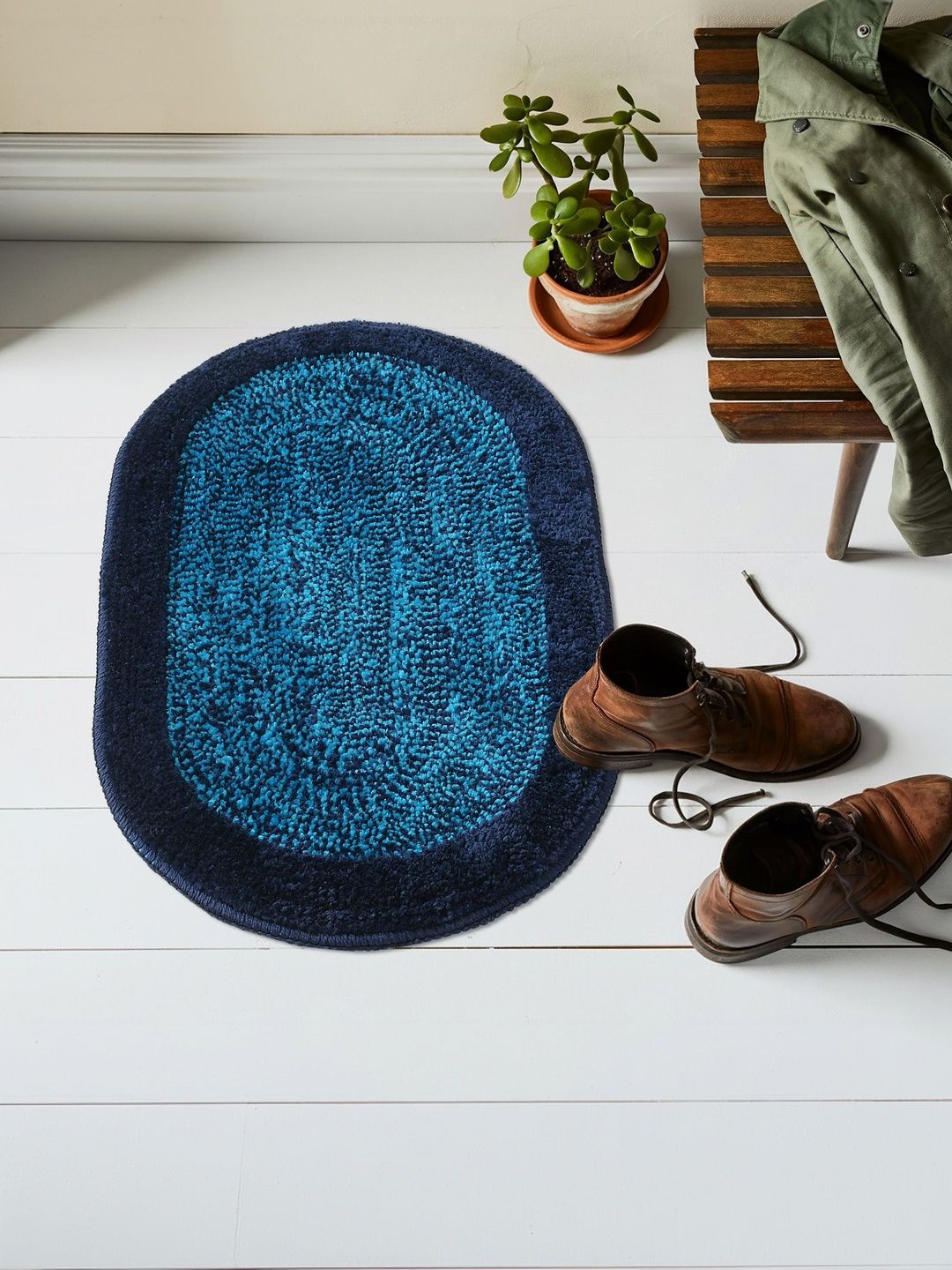 FINE TEX WORLD Navy-Blue & Blue Textured Super Soft Anti-Skid Oval Doormat-picture-31