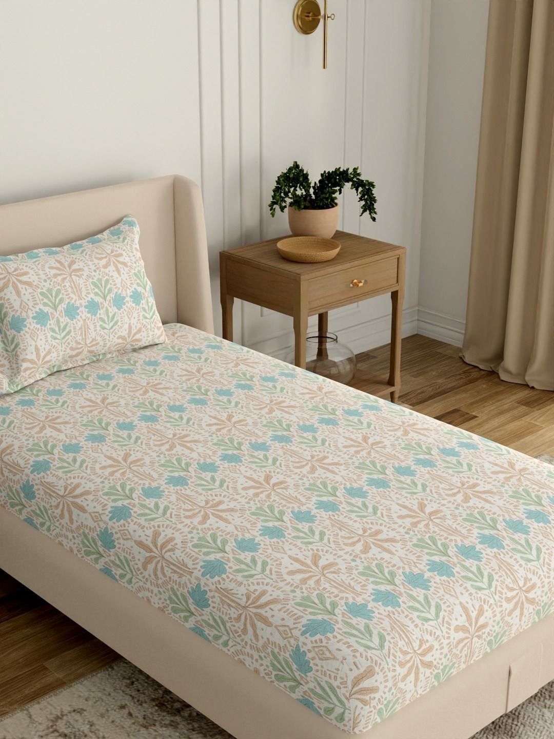 Portico 144 TC Teal Floral Single Bedsheet with 1 Pillow Covers-picture-38