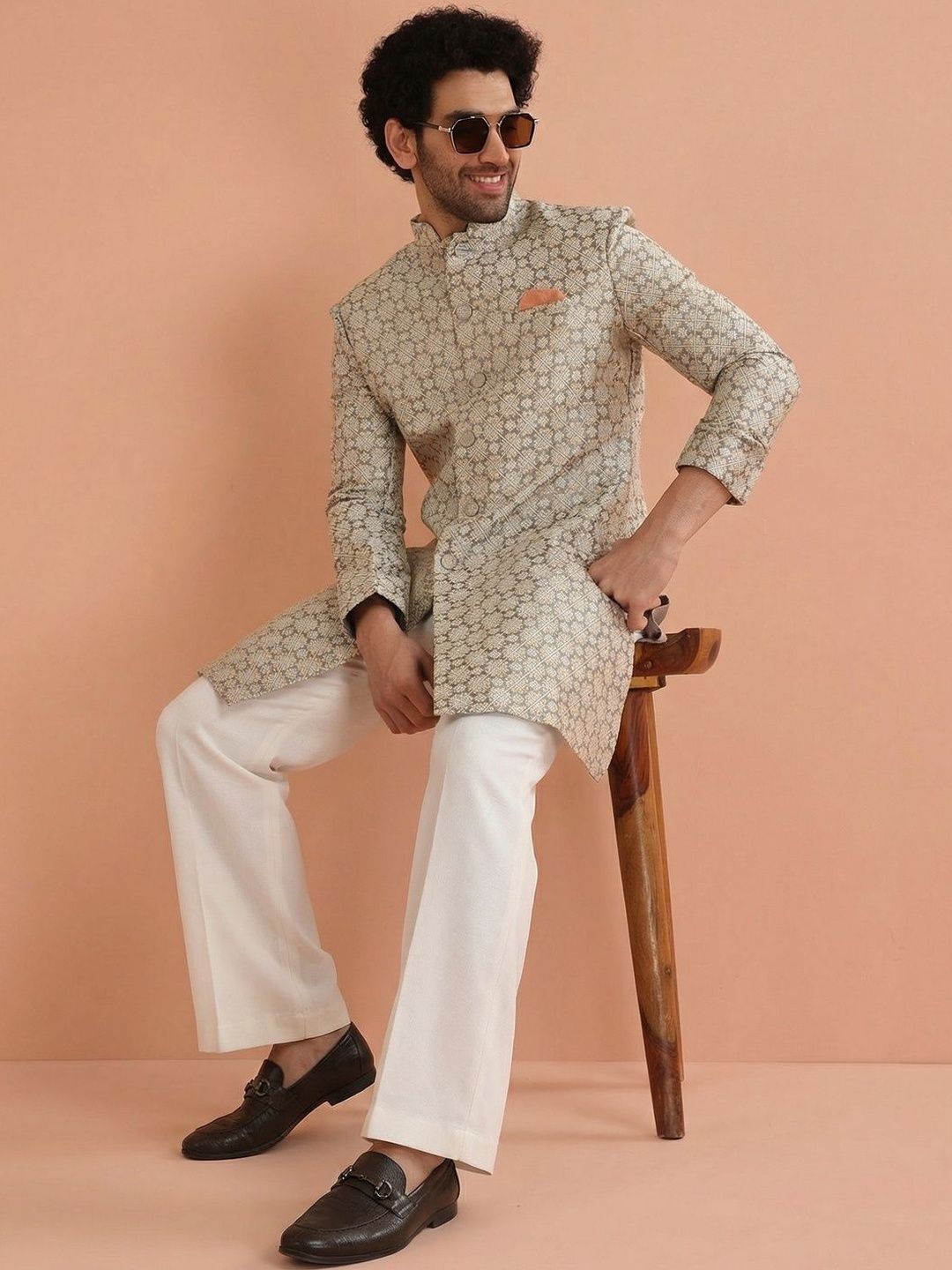 KISAH Jacquard-Patterned Sherwani With Wide Leg Trouser Set-image-12