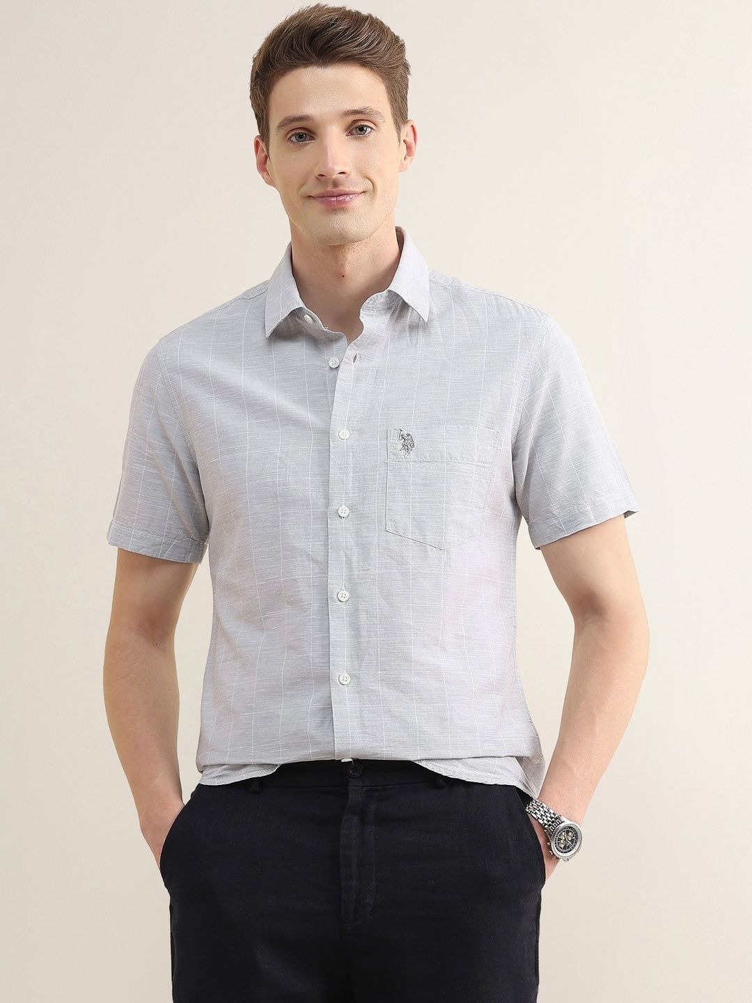 u.s. polo assn. U.S. Polo Assn.Windowpane Checked Cotton Linen Blend Regular Fit Shirt-picture-16