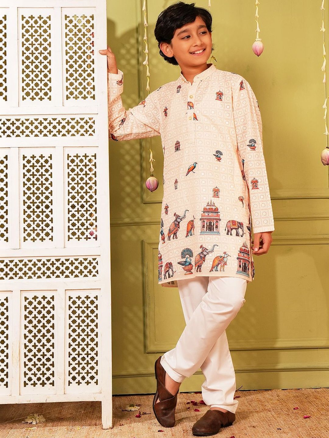 Aj DEZInES Boys Ethnic Motifs Printed Regular Pure Cotton Kurta with Pyjamas-image-29