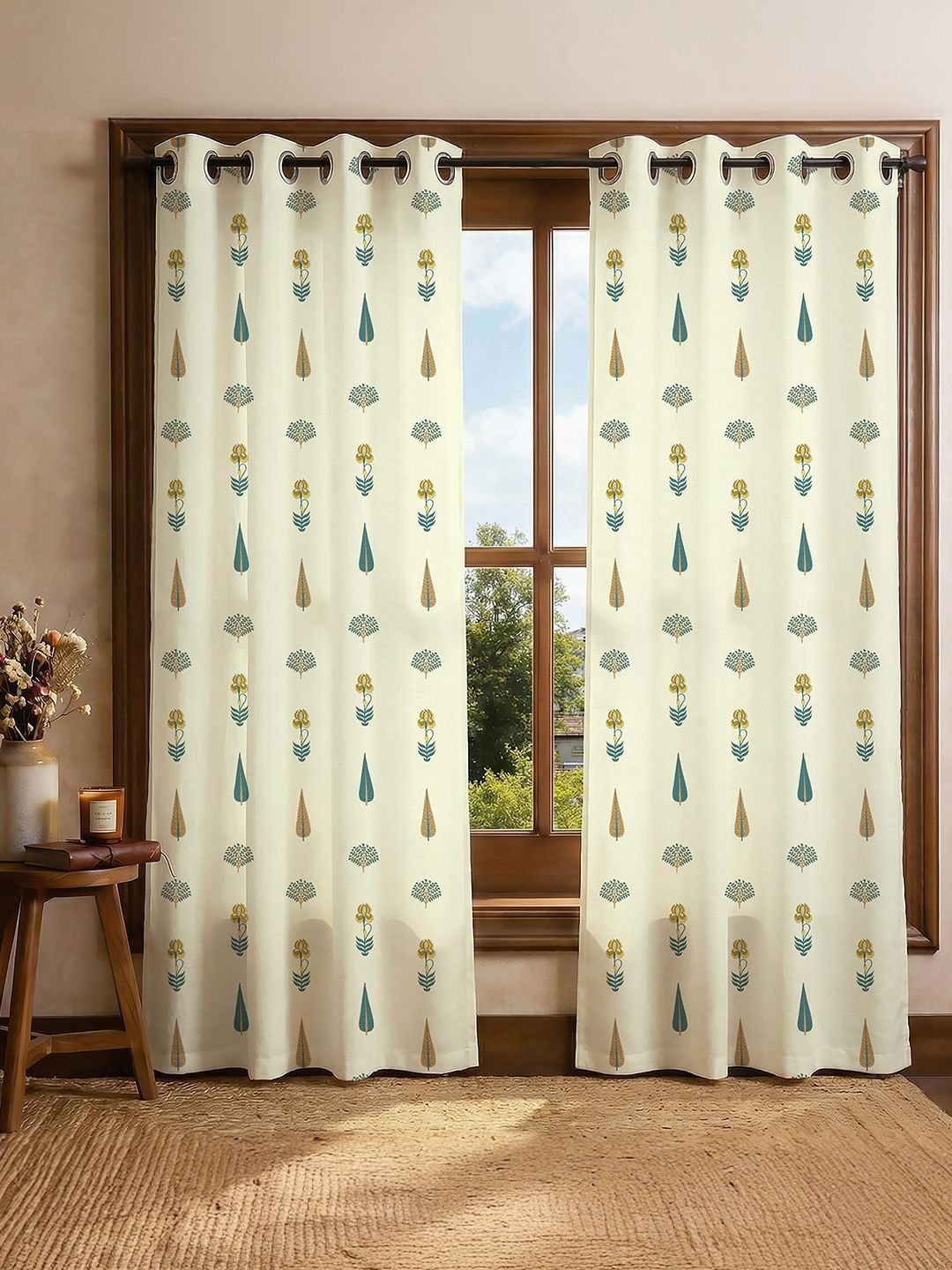URBAN SPACE Cream-Coloured & Teal Set of 2 Floral Window Curtain-picture-15